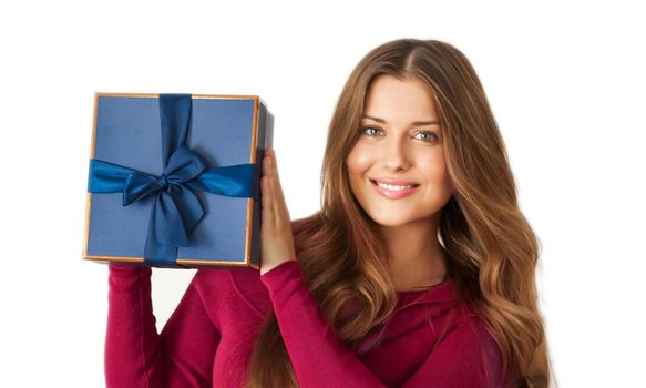 Birthday, Christmas or holiday present, happy woman holding a blue gift or luxury beauty box subscription delivery isolated on white background, portrait