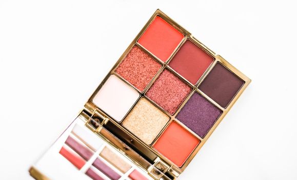 Cosmetic branding, fashion blog and glamour set concept - Eye shadow palette swatches on marble background, make-up and eyeshadows cosmetics product for luxury beauty brand and holiday flatlay design