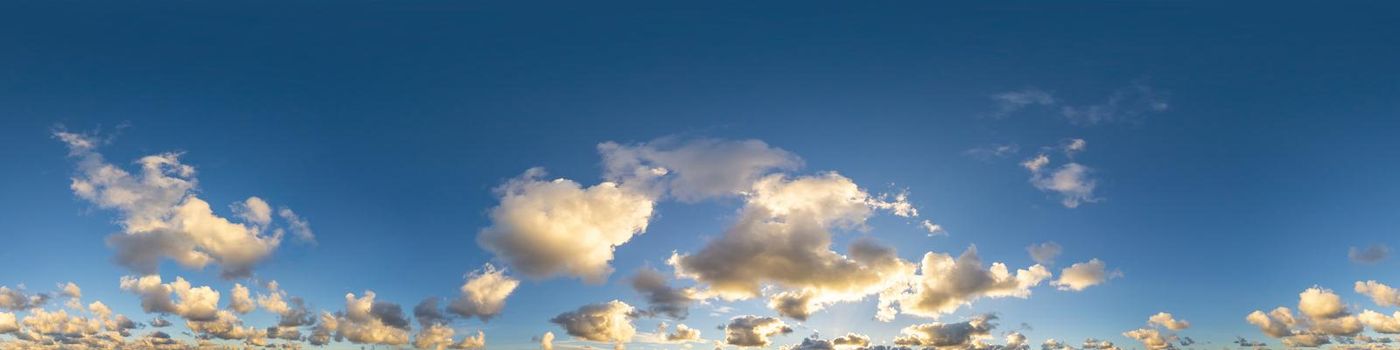 Sky panorama with Cirrus clouds in Seamless spherical equirectangular format. Full zenith for use in 3D graphics, game and editing aerial drone 360 degree panoramas for sky replacement