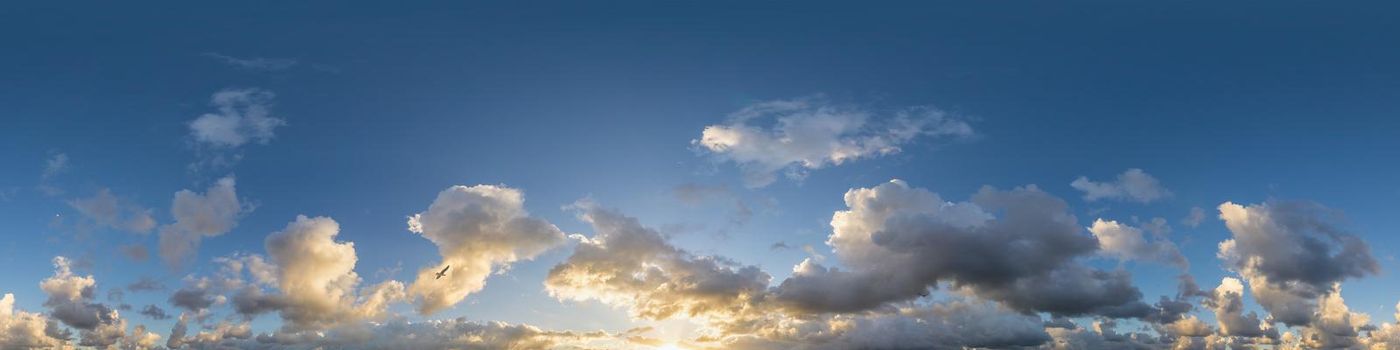 Sky panorama with Cirrus clouds in Seamless spherical equirectangular format. Full zenith for use in 3D graphics, game and editing aerial drone 360 degree panoramas for sky replacement