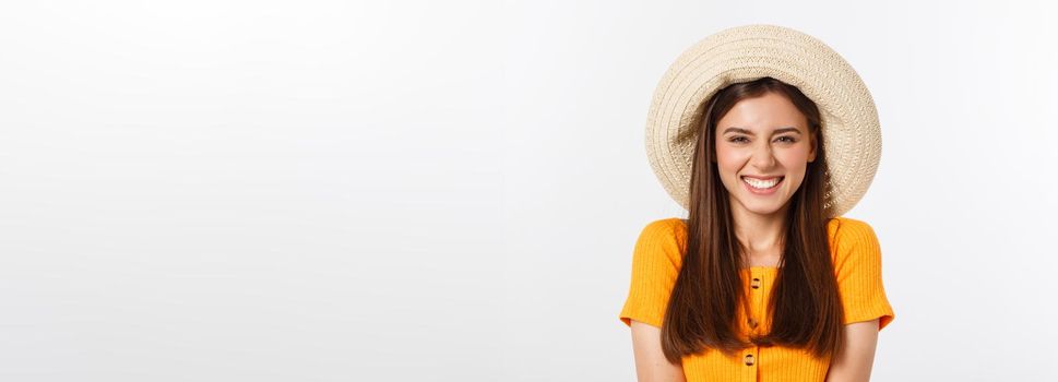 Travel concept - Close up Portrait young beautiful attractive girl wtih trendy hat and smiling. White Background. Copy space