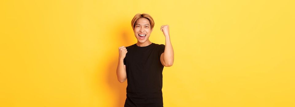 Portrait of triumphing confident asian man, fist pump and smiling happy, celebrating victory or achievement, standing yellow background.