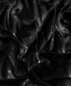 Winter fashion, shiny fabric and night party style concept - Magic holiday black silk flatlay background texture with golden shine, luxury glamour abstract backdrop