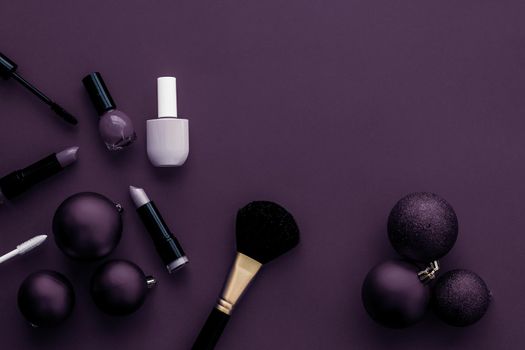 Cosmetic branding, fashion blog cover and girly glamour concept - Make-up and cosmetics product set for beauty brand Christmas sale promotion, luxury plum flatlay background as holiday design