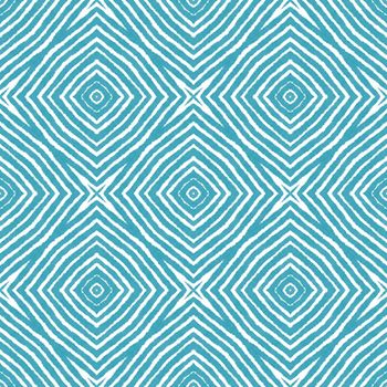Geometric seamless pattern. Turquoise symmetrical kaleidoscope background. Textile ready creative print, swimwear fabric, wallpaper, wrapping. Hand drawn geometric seamless design.