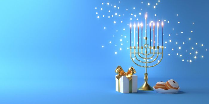 3d rendering Image of Jewish holiday Hanukkah with menorah or traditional Candelabra,gif box, doughnut on a  blue background.
