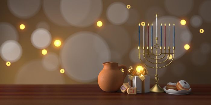 3d rendering Image of Jewish holiday Hanukkah with menorah or traditional Candelabra,gif box, jar and wooden dreidels or spinning top on a  brown background.