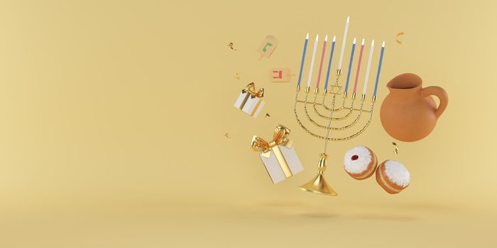 3d rendering Image of Jewish holiday Hanukkah with menorah or traditional Candelabra, donuts and wooden dreidels orspinning top, doughnut on a yellow background.