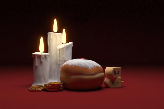 3d rendering Image of Jewish holiday Hanukkah with lighted candles, gold coin and wooden dreidels or spinning top on a  red flor and black background.