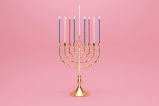 3d rendering Image of Jewish holiday Hanukkah with menorah or traditional Candelabra on a  pink background.