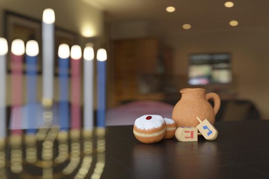 3d rendering Image of Jewish holiday Hanukkah with menorah or traditional Candelabra,gif box, jar and wooden dreidels or spinning top on a  brown background.