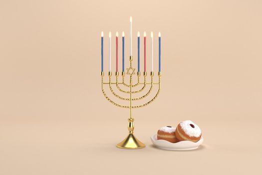 3d rendering Image of Jewish holiday Hanukkah withmenorah or traditional Candelabra and donuts on a  yellow background.