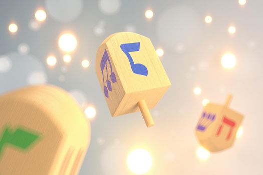 3d rendering Image of Jewish holiday Hanukkah with  wooden dreidels or spinning top on a  bokeh background.