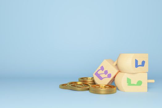 3d rendering Image of Jewish holiday Hanukkah with  gold coin and wooden dreidels or spinning top on a  blue background.