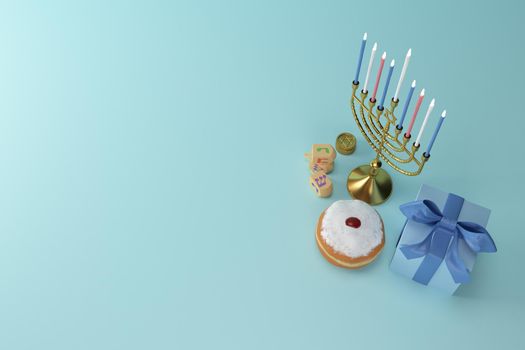 3d rendering Image of Jewish holiday Hanukkah with menorah or traditional Candelabra,gif box, jar ,gold coin and wooden dreidels or spinning top on a  blue background.