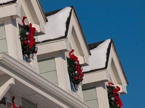 House decorated for winter holidays.