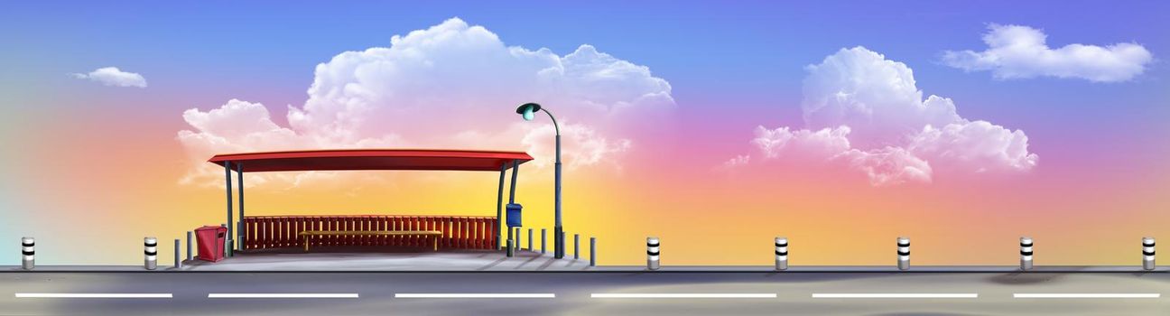 Bus stop on a Suburban highway on a sunny morning. Digital Painting Background, Illustration.