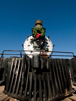 Rio Grande Western 683 locomotive is decorated for Christmas. This is the oldest operating locomotive in Colorado built by Baldwin in 1881.