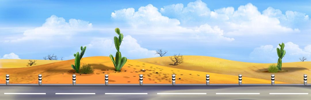 Desert highway on a sunny day. Digital Painting Background, Illustration.