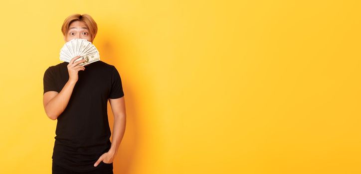 Portrait of lucky happy asian guy looking surprised and showing money, standing yellow background.