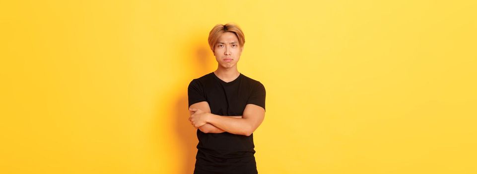 Worried serious-looking and concerned asian guy, cross arms chest and frowning at camera, yellow background.