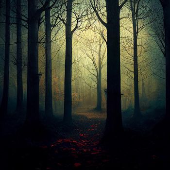 Gloomy forest in the fog. High quality illustration