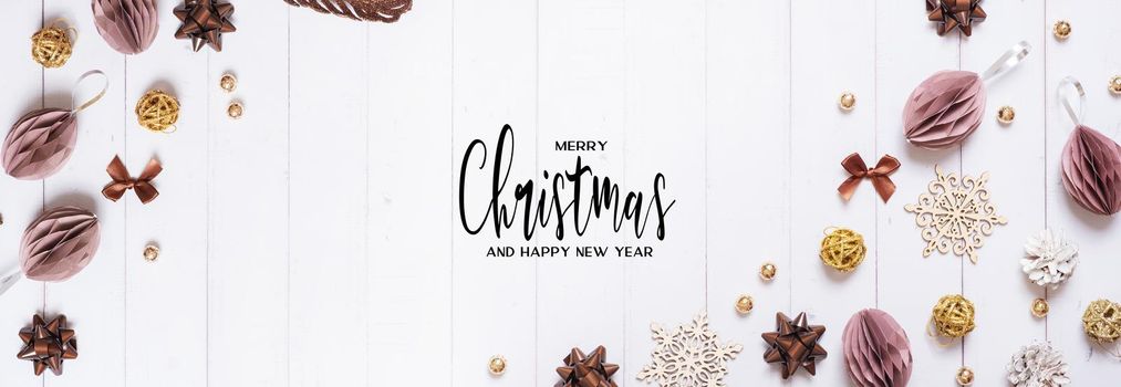 Merrry Christmas and Happy new year greeting card with composition flat lay on wooden background.