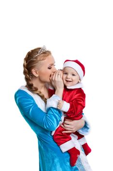 Beautiful christmas girl talk a secret to happy baby santa claus smile