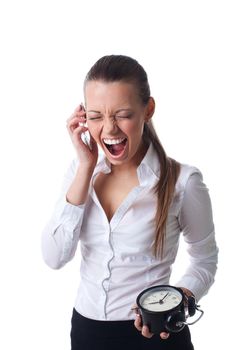 Sexy young business woman scream on cell phone with clock isolated