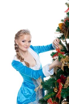 Young christmas girl decorate new year fir tree - look at you