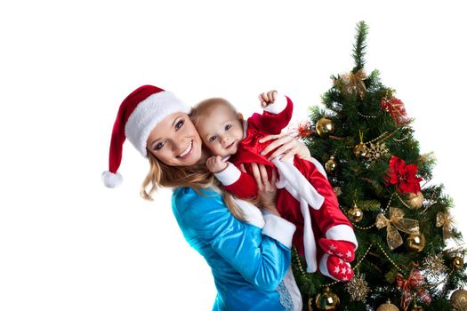 Beauty christmas girl in blue play with baby santa claus