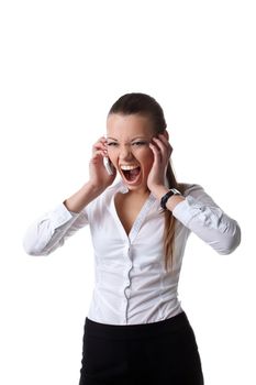 Sexy young business woman scream on cell phone isolated