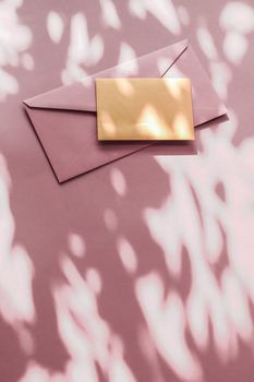 Holiday marketing, business kit and email newsletter concept - Beauty brand identity as flatlay mockup design, business card and letter for online luxury branding on pastel shadow background