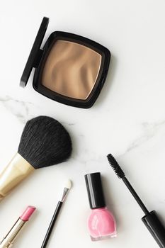 Make-up and cosmetics products on marble, flatlay background - modern feminine lifestyle, beauty blog and fashion inspiration concept