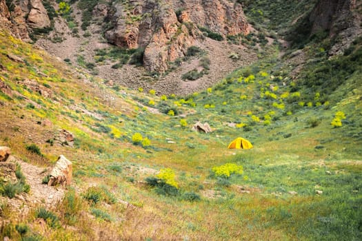 A small yellow tourist tent stands in a gorge, in harmony with the surrounding nature. Big copy space.
