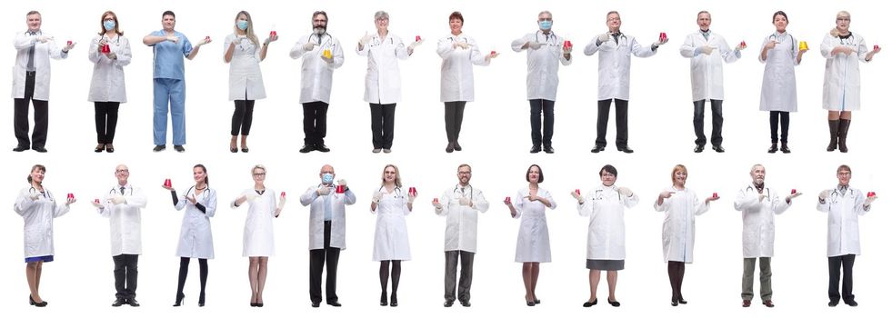 laboratory assistant holding a flask with liquid isolated on white background