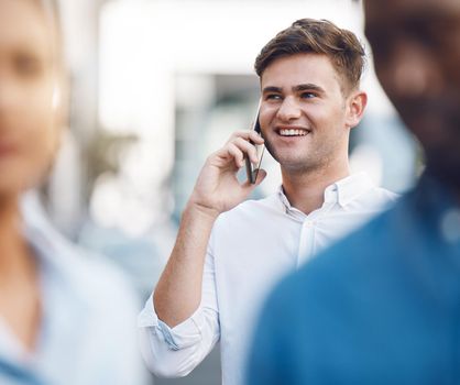Phone call, communication and networking with a businessman talking on a call outdoor in the city. Vision, motivation and conversation for growth and development of his startup corporate company.