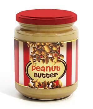 Peanut butter jar with generic label design isolated on white background. 3D illustration.