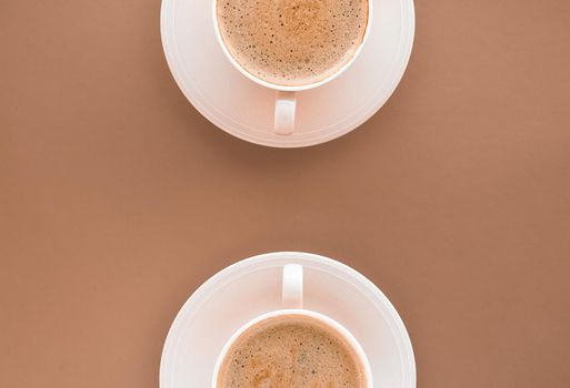 Drinks menu, italian espresso recipe and organic shop concept - Cup of hot coffee as breakfast drink, flatlay cups on beige background