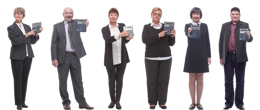 collage of people demonstrate calculator in hand isolated on white background