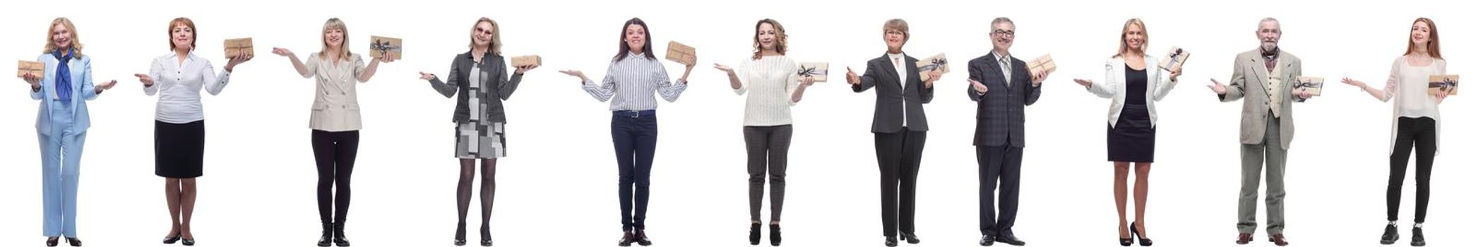 group of happy people with gifts in their hands isolated on white background