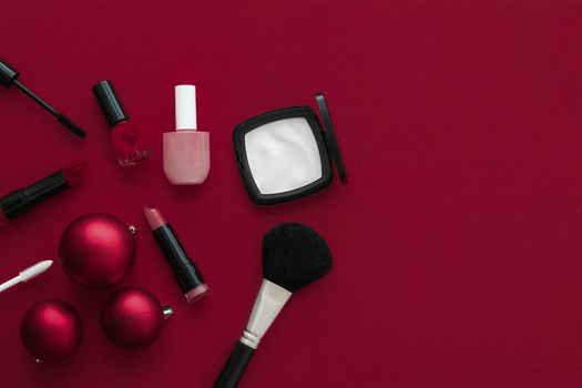 Cosmetic branding, fashion blog cover and girly glamour concept - Make-up and cosmetics product set for beauty brand Christmas sale promotion, luxury wine flatlay background as holiday design