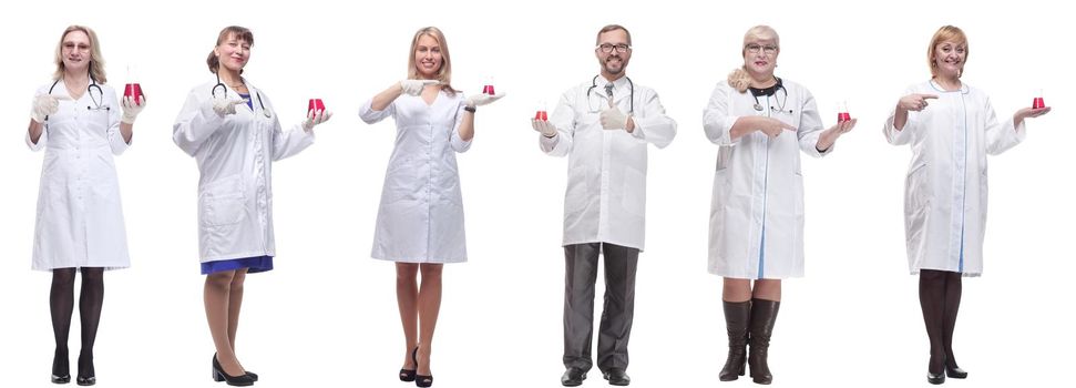 laboratory assistant holding a flask with liquid isolated on white background