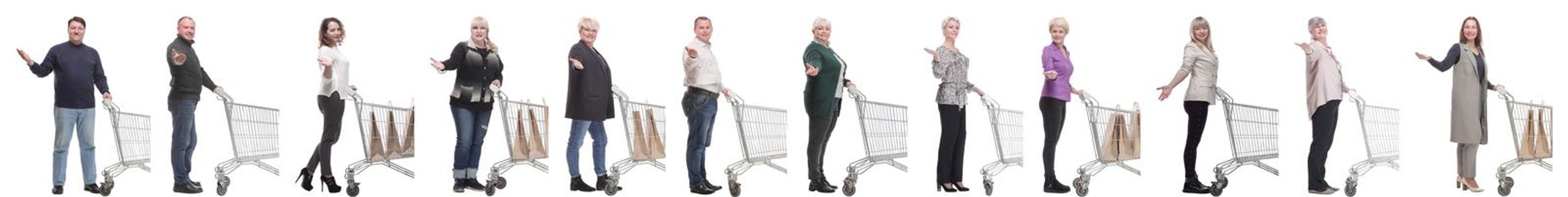 group of people with shopping cart on white background