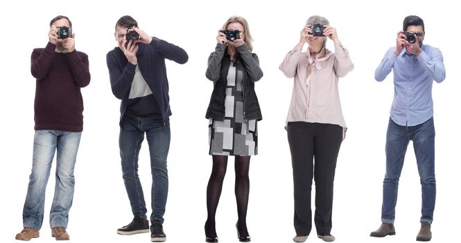 Many Double Twelve Group paparazzi photographers with cameras isolated on white collage