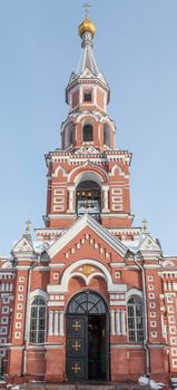 Front view of the orthodox church in a winter time