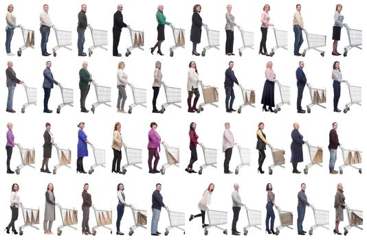 group of people with cart looking at camera isolated on white background