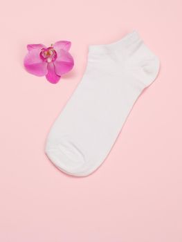 One woman sock and orchid flower on the pink background, Top view with copy space.