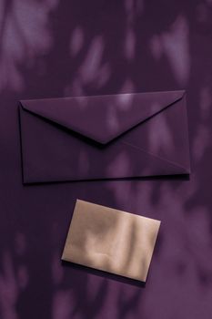 Holiday marketing, business kit and email newsletter concept - Beauty brand identity as flatlay mockup design, business card and letter for online luxury branding on plum shadow background