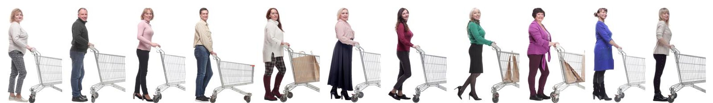 group of people with cart looking at camera isolated on white background